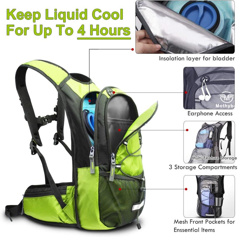 Mothybot Insulated Hydration Backpack Pack with 3L BPA Free Leak Proof Water Bladder, Large Storage Lightweight Hiking Daypack with Waist Pouches & Cooler Layer, for Running, Biking, Camping, Festival - Image 3